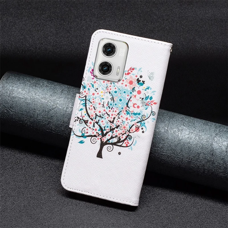 For Motorola Moto G73 5G Phone Case Pattern Printing PU Leather Wallet Stand Cover -  Flower Tree