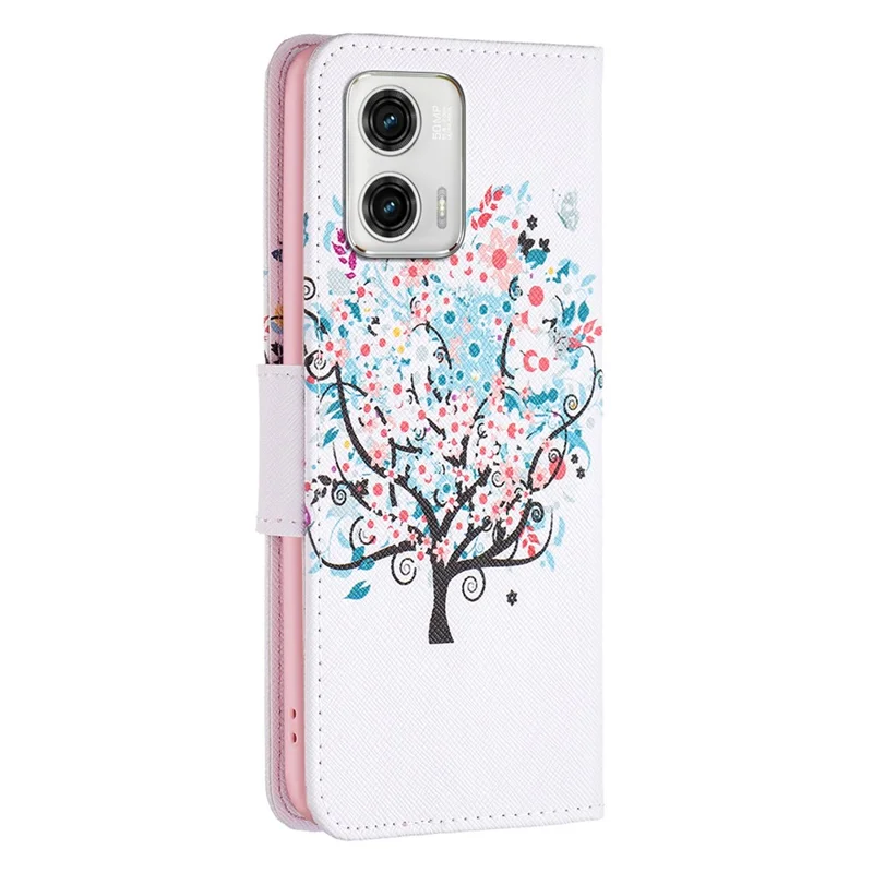 For Motorola Moto G73 5G Phone Case Pattern Printing PU Leather Wallet Stand Cover -  Flower Tree
