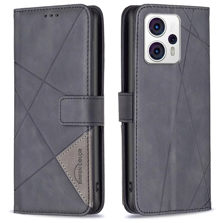 BINFEN COLOR para Motorola Moto G13 4G / G23 4G / G53 5G Funda de teléfono a prueba de golpes BF Imprinted Pattern Series-2 Style 05 Funda de billetera de cuero con soporte - Negro