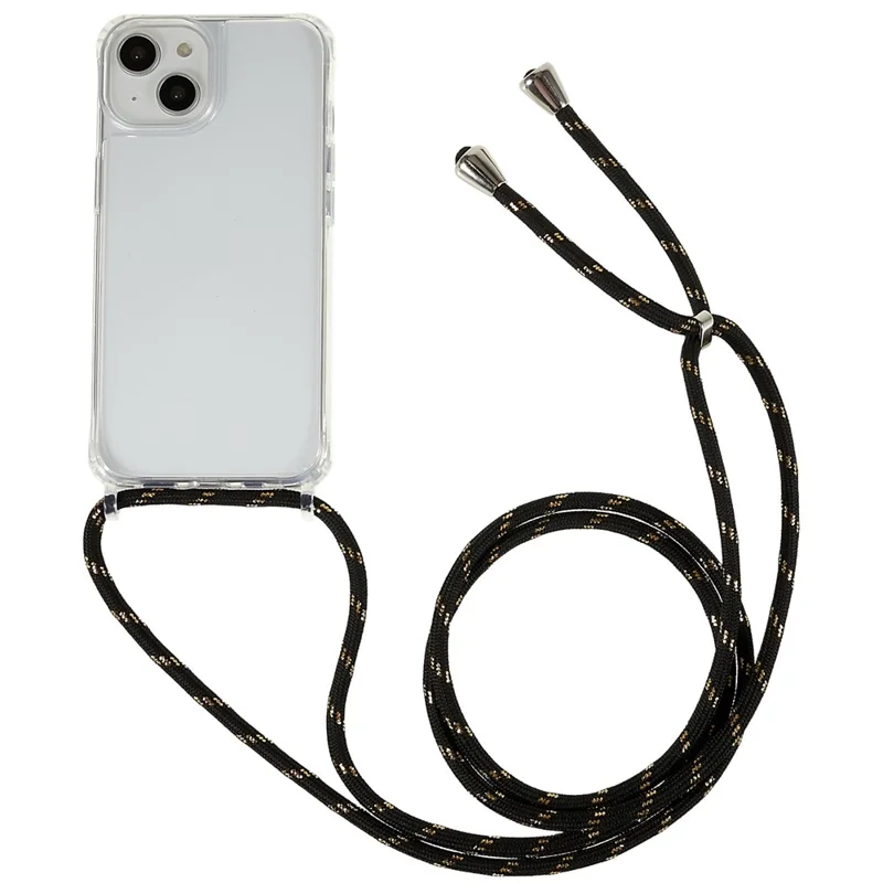 Clear Back Case for iPhone 13 / 14, TPU+Acrylic Shock-absorbing Phone Cover with Lanyard - Black  /  Gold