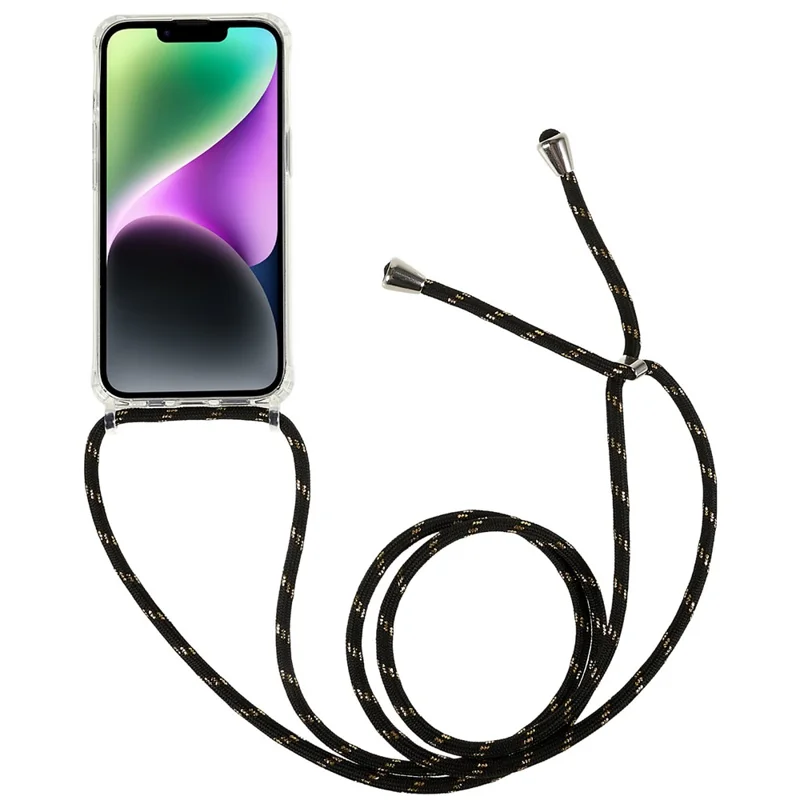 Clear Back Case for iPhone 13 / 14, TPU+Acrylic Shock-absorbing Phone Cover with Lanyard - Black  /  Gold