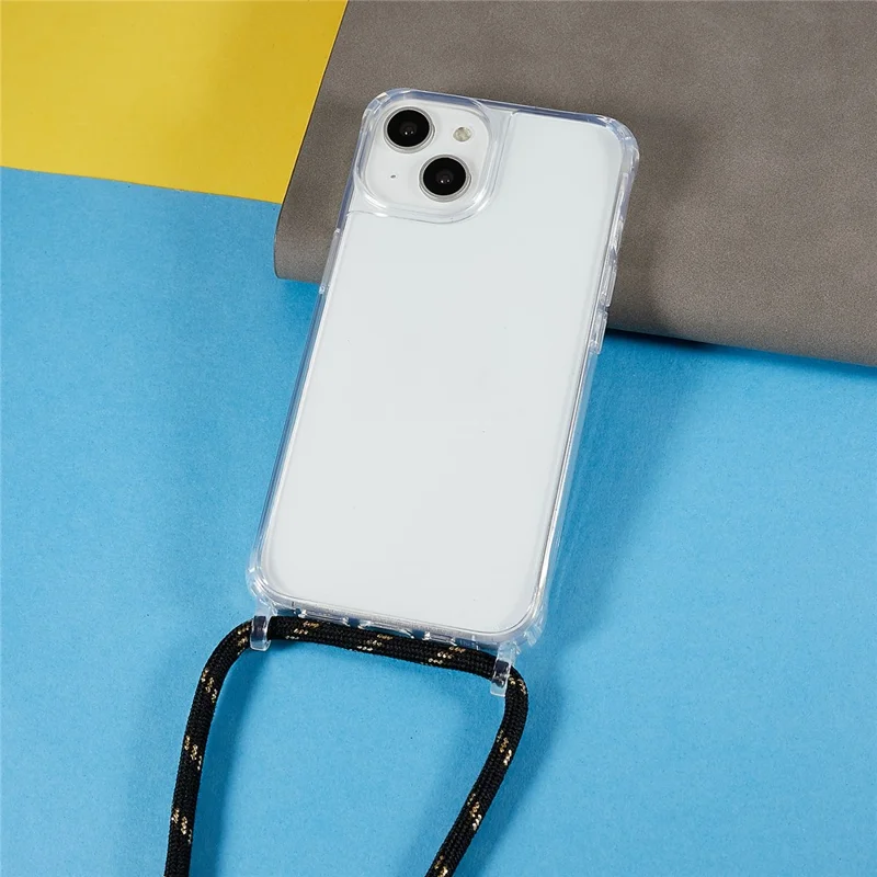 Clear Back Case for iPhone 13 / 14, TPU+Acrylic Shock-absorbing Phone Cover with Lanyard - Black  /  Gold