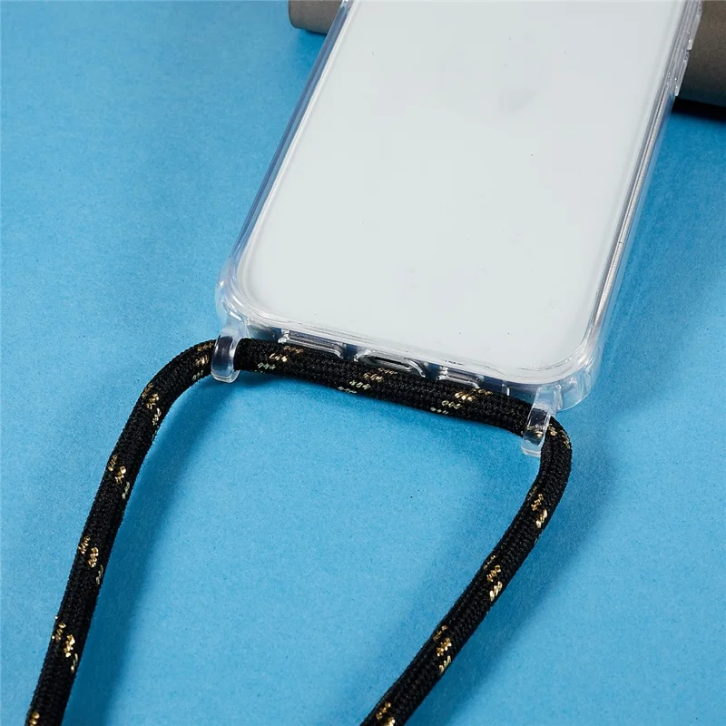 Clear Back Case for iPhone 13 / 14, TPU+Acrylic Shock-absorbing Phone Cover with Lanyard - Black  /  Gold