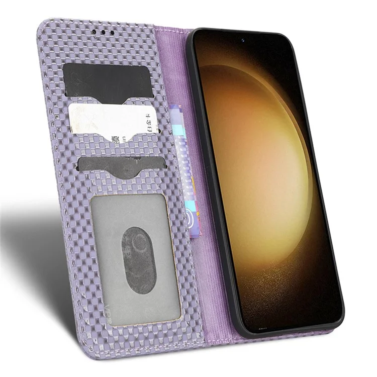 Para Samsung Galaxy S23 Grid Texture PU Leather Stand Case Magnetic Auto-absorbed Phone Wallet Cover - Light Purple