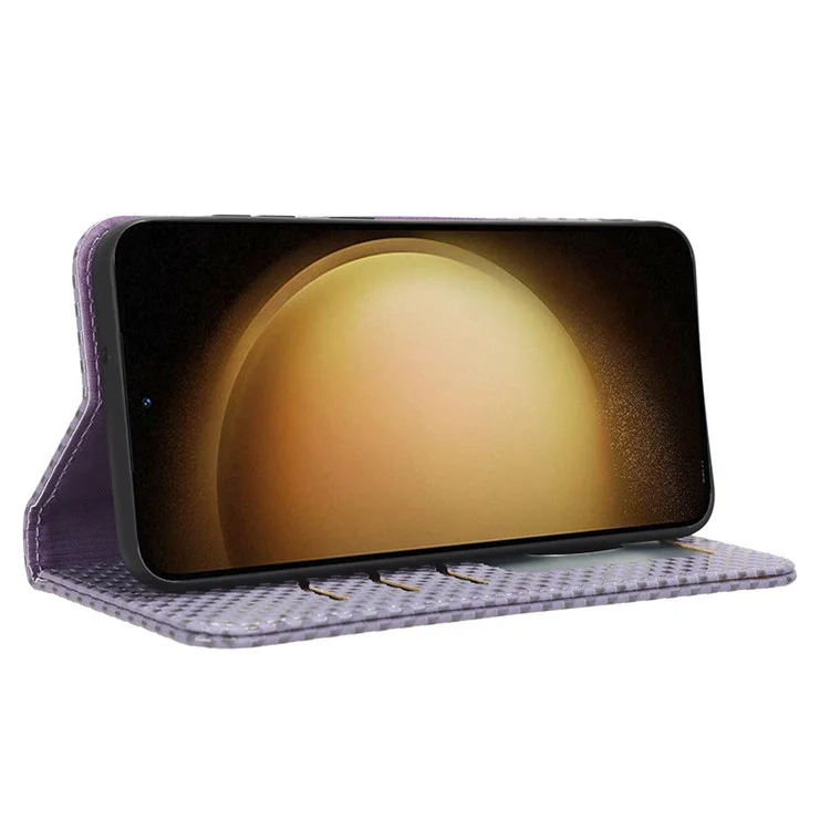 Para Samsung Galaxy S23 Grid Texture PU Leather Stand Case Magnetic Auto-absorbed Phone Wallet Cover - Light Purple