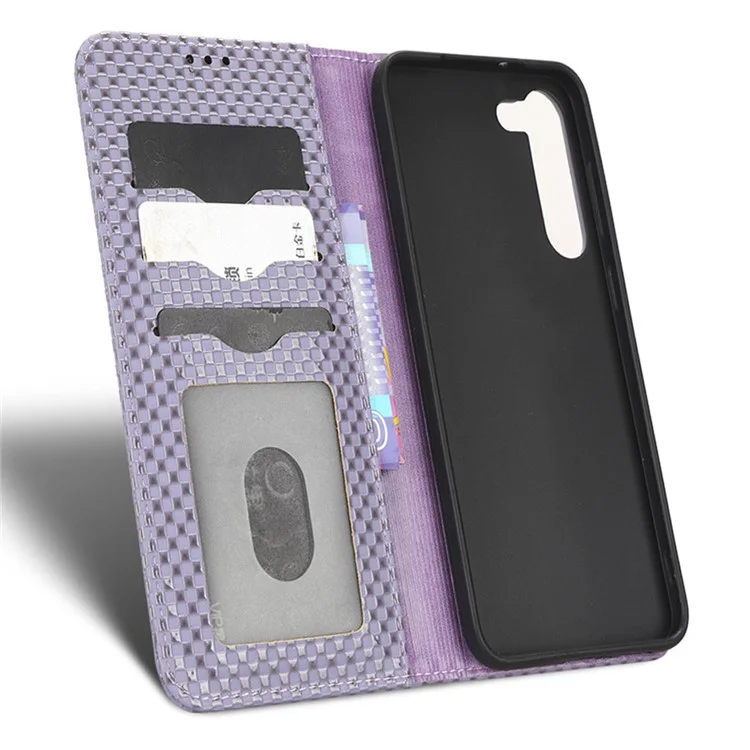 Para Samsung Galaxy S23 Grid Texture PU Leather Stand Case Magnetic Auto-absorbed Phone Wallet Cover - Light Purple