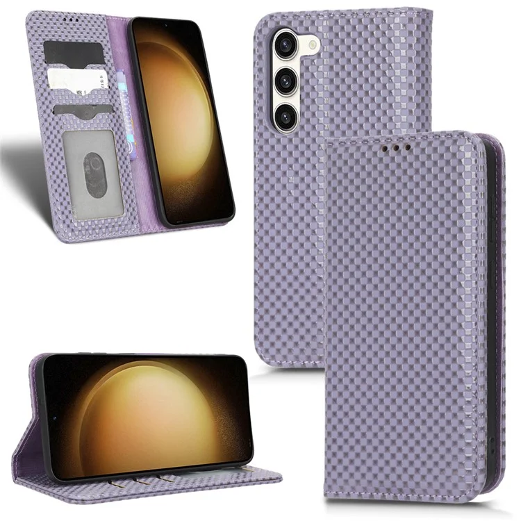 Para Samsung Galaxy S23 Grid Texture PU Leather Stand Case Magnetic Auto-absorbed Phone Wallet Cover - Light Purple