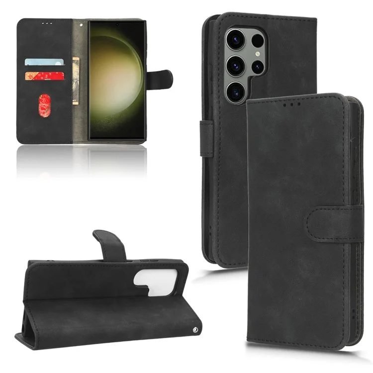 For Samsung Galaxy S23 Ultra Mobile Phone Cover Shell Skin-touch Feeling PU Leather Wallet Phone Stand Case - Black
