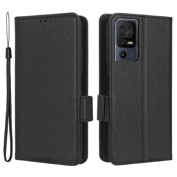 Stoßfeste Lederhülle für TCL 40 SE, Magnetische Litschitextur Schutzhülle mit Brieftasche und Ständer - Schwarz