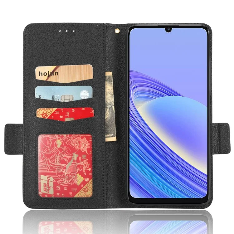 Stoßfeste Lederhülle für TCL 40 SE, Magnetische Litschitextur Schutzhülle mit Brieftasche und Ständer - Schwarz