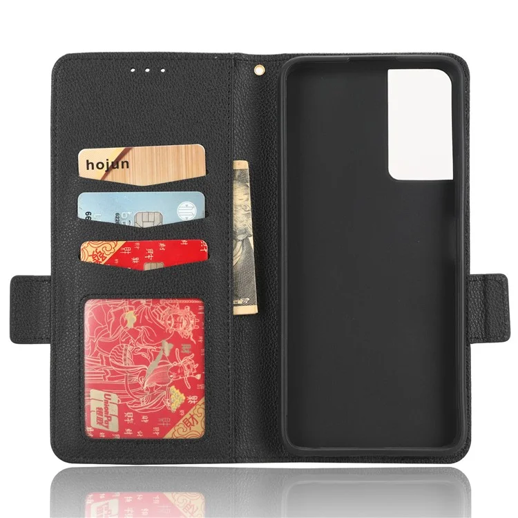 Stoßfeste Lederhülle für TCL 40 SE, Magnetische Litschitextur Schutzhülle mit Brieftasche und Ständer - Schwarz