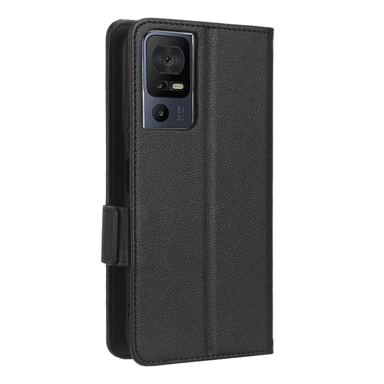 Stoßfeste Lederhülle für TCL 40 SE, Magnetische Litschitextur Schutzhülle mit Brieftasche und Ständer - Schwarz