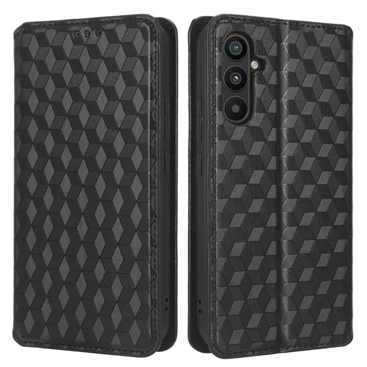 For Samsung Galaxy A34 5G Wallet Shockproof PU Leather Flip Phone Case Rhombus Pattern Imprinted Magnetic Closure Stand Cover - Black