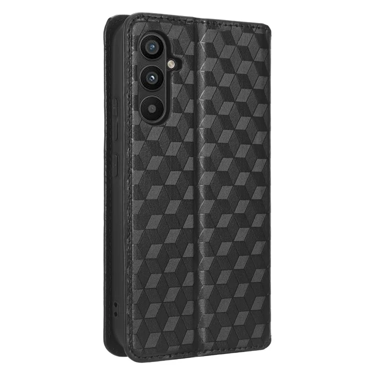 For Samsung Galaxy A34 5G Wallet Shockproof PU Leather Flip Phone Case Rhombus Pattern Imprinted Magnetic Closure Stand Cover - Black