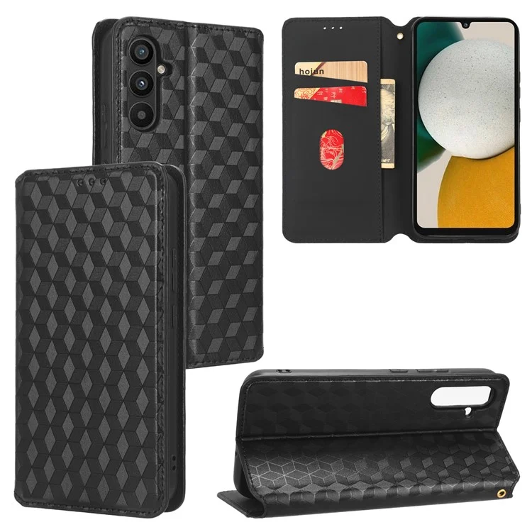 For Samsung Galaxy A34 5G Wallet Shockproof PU Leather Flip Phone Case Rhombus Pattern Imprinted Magnetic Closure Stand Cover - Black