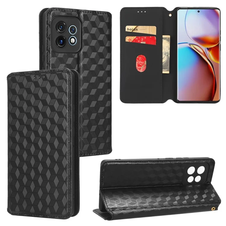Custodia a portafoglio in pelle PU per Motorola Moto X40 5G / Edge 40 Pro 5G / Edge+ (2023) Custodia antipolverosa con motivo a rombo impresso Chiusura magnetica Supporto - Nero