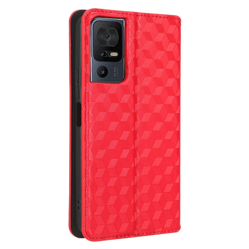 For TCL 40 SE Leather Flip Wallet Phone Cover Rhombus Pattern Imprinted Anti-Scratch Phone Stand Case - Red
