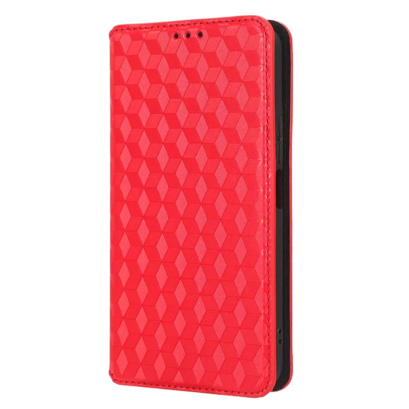 For TCL 40 SE Leather Flip Wallet Phone Cover Rhombus Pattern Imprinted Anti-Scratch Phone Stand Case - Red