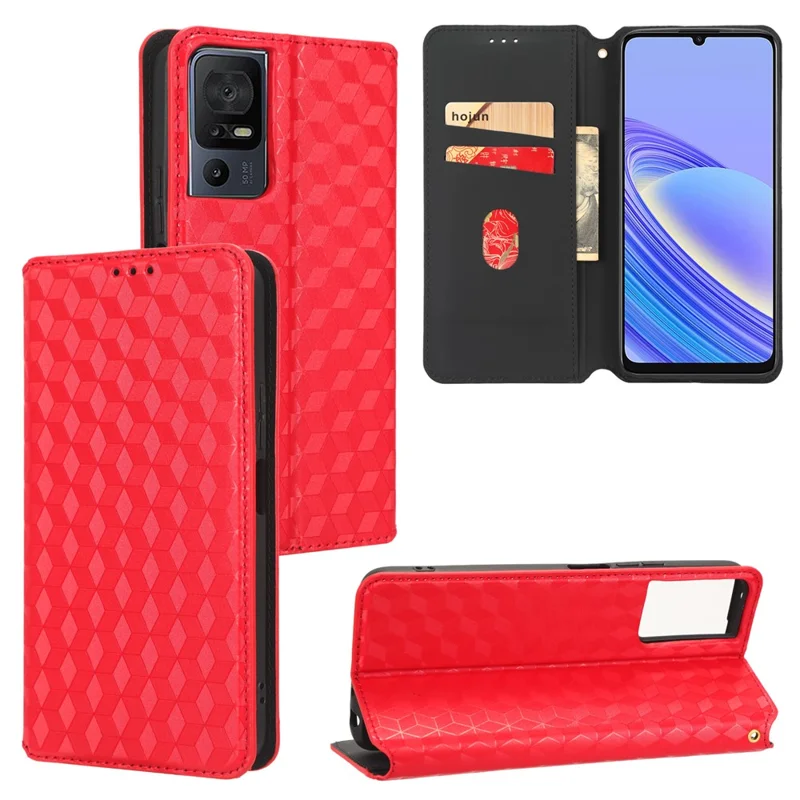 For TCL 40 SE Leather Flip Wallet Phone Cover Rhombus Pattern Imprinted Anti-Scratch Phone Stand Case - Red