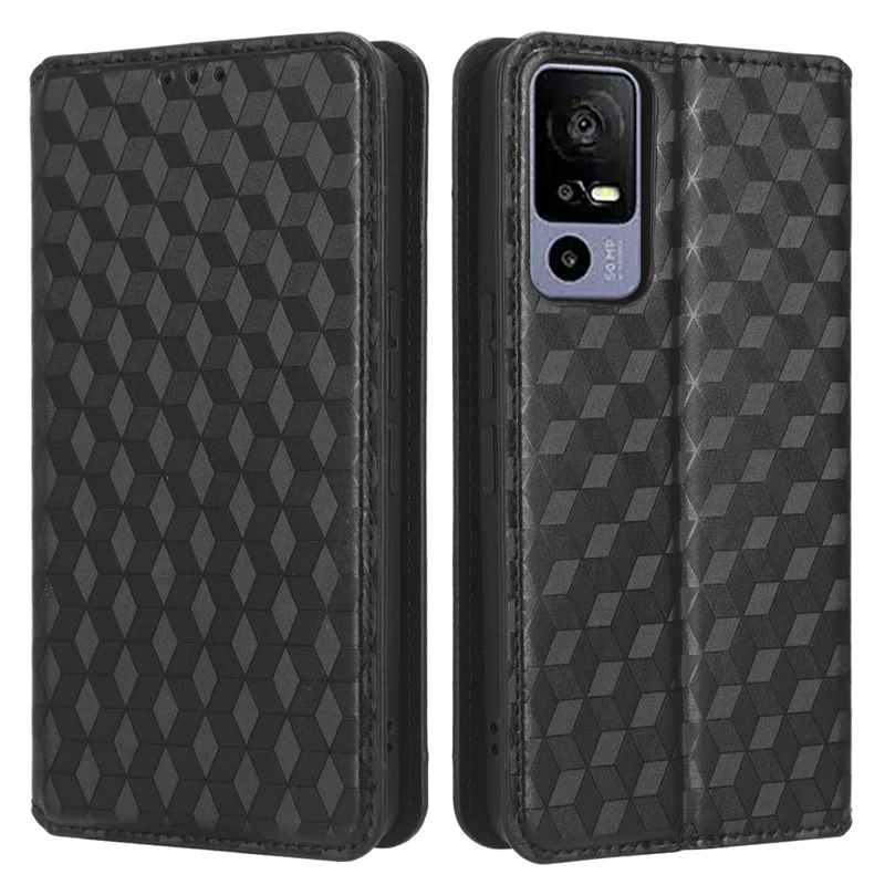 For TCL 40R 5G Cell Phone Case Wallet PU Leather Rhombus Pattern Imprinted Magnetic Closure Stand Cover - Black