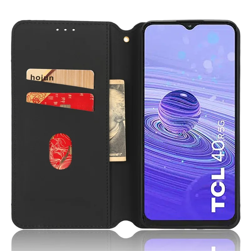 For TCL 40R 5G Cell Phone Case Wallet PU Leather Rhombus Pattern Imprinted Magnetic Closure Stand Cover - Black