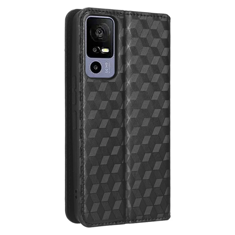 For TCL 40R 5G Cell Phone Case Wallet PU Leather Rhombus Pattern Imprinted Magnetic Closure Stand Cover - Black