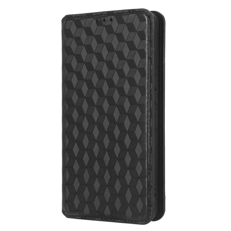 For TCL 40R 5G Cell Phone Case Wallet PU Leather Rhombus Pattern Imprinted Magnetic Closure Stand Cover - Black
