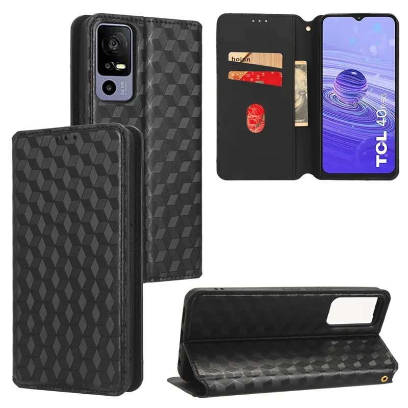 For TCL 40R 5G Cell Phone Case Wallet PU Leather Rhombus Pattern Imprinted Magnetic Closure Stand Cover - Black