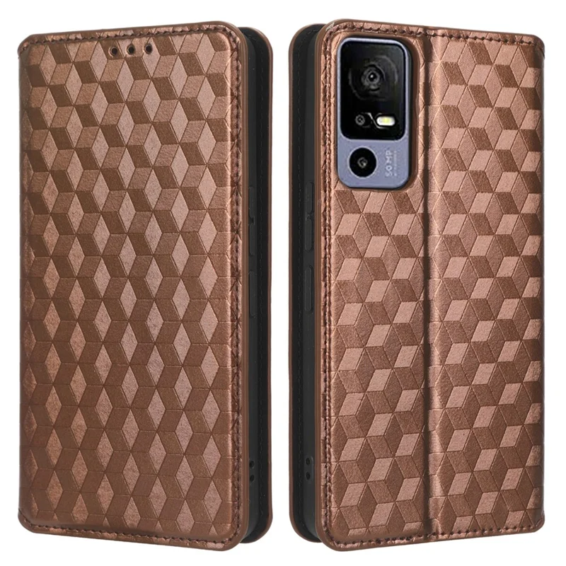 For TCL 40R 5G Cell Phone Case Wallet PU Leather Rhombus Pattern Imprinted Magnetic Closure Stand Cover - Brown