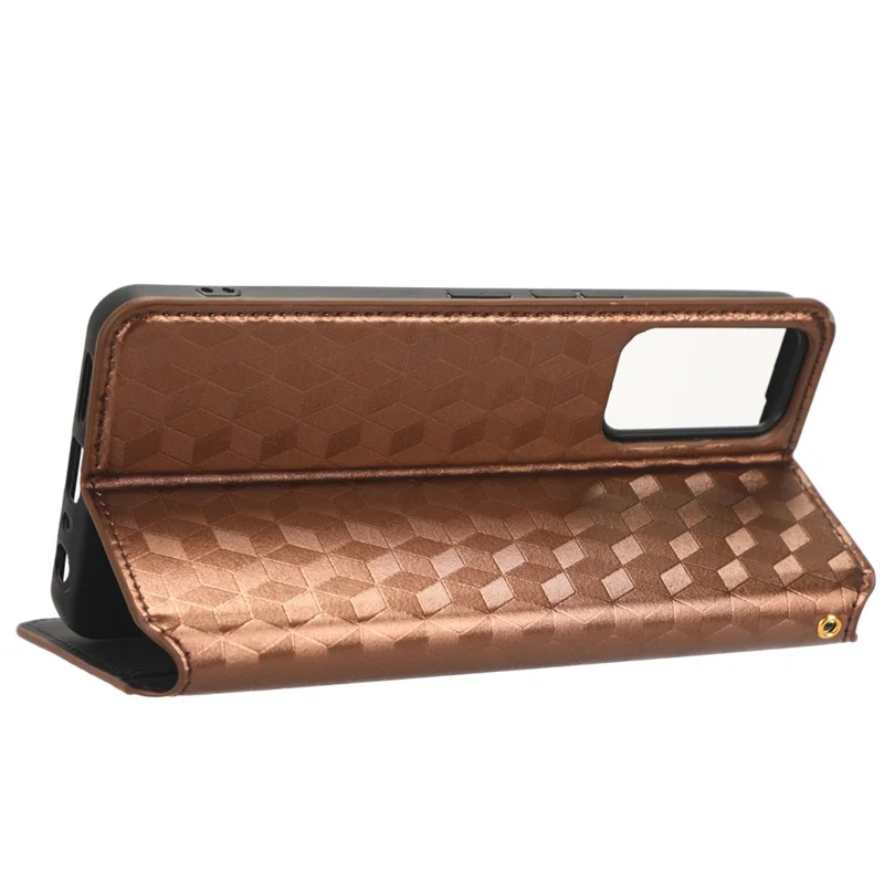 For TCL 40R 5G Cell Phone Case Wallet PU Leather Rhombus Pattern Imprinted Magnetic Closure Stand Cover - Brown