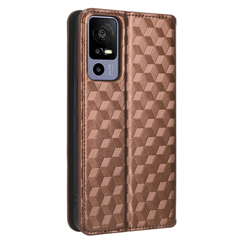 For TCL 40R 5G Cell Phone Case Wallet PU Leather Rhombus Pattern Imprinted Magnetic Closure Stand Cover - Brown