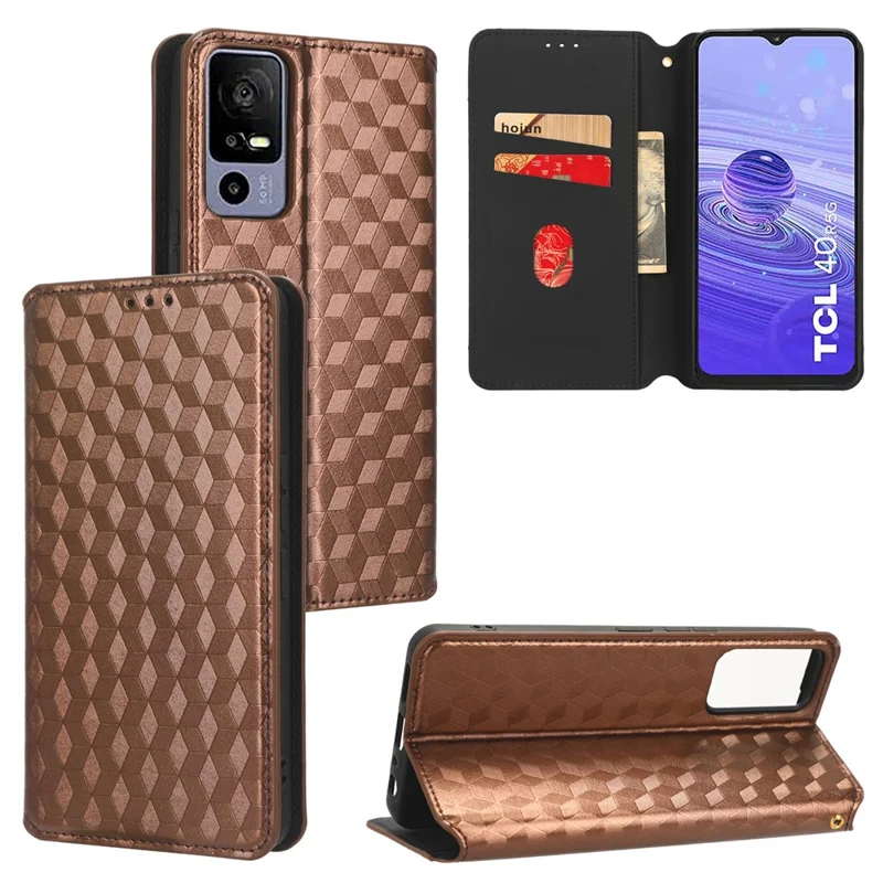 For TCL 40R 5G Cell Phone Case Wallet PU Leather Rhombus Pattern Imprinted Magnetic Closure Stand Cover - Brown