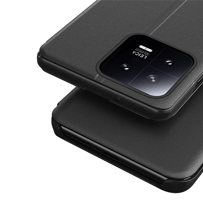 PU Leather Phone Stand Case for Xiaomi 13 5G, View Window Anti-drop Phone Cover - Black