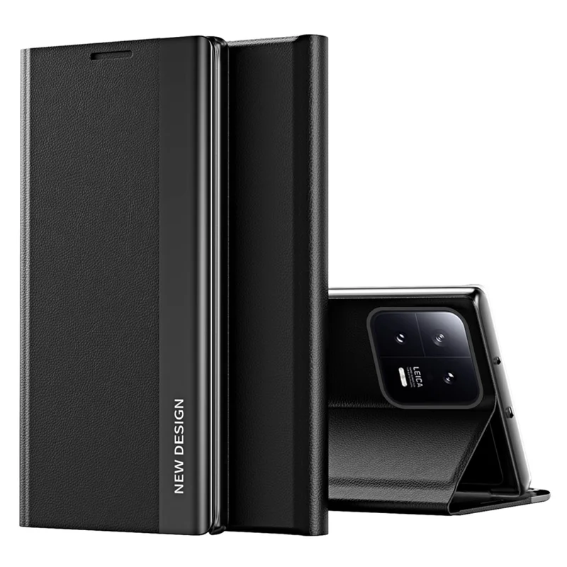 Phone Leather Case for Xiaomi 13 5G, Electroplating Anti-drop Cell Phone Stand Cover - Black