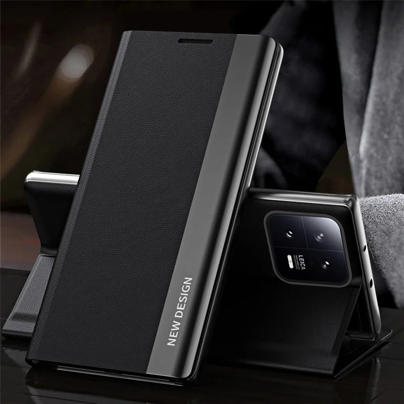 Phone Leather Case for Xiaomi 13 5G, Electroplating Anti-drop Cell Phone Stand Cover - Black