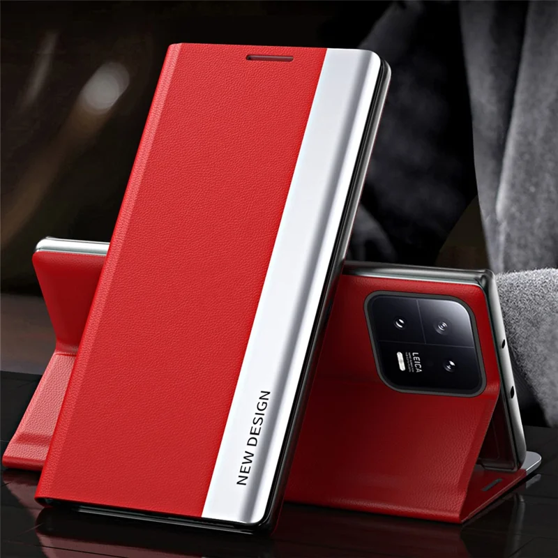 PU Leather Phone Stand Case for Xiaomi 13 Pro 5G, Electroplating Anti-scratch Smartphone Cover - Red