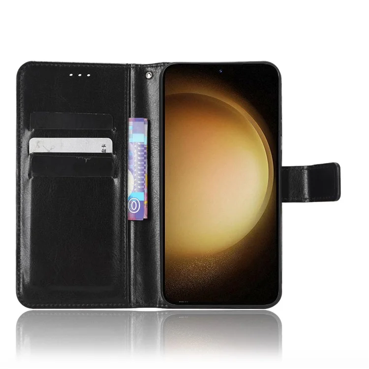 Phone Cover for Samsung Galaxy S23 Crazy Horse Texture PU Leather Flip Phone Case Wallet Stand Cover with Strap - Black