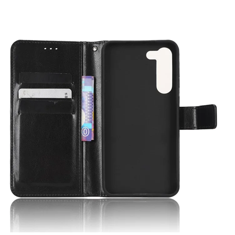Phone Cover for Samsung Galaxy S23 Crazy Horse Texture PU Leather Flip Phone Case Wallet Stand Cover with Strap - Black