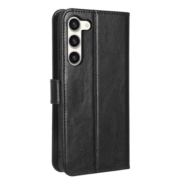 Phone Cover for Samsung Galaxy S23 Crazy Horse Texture PU Leather Flip Phone Case Wallet Stand Cover with Strap - Black