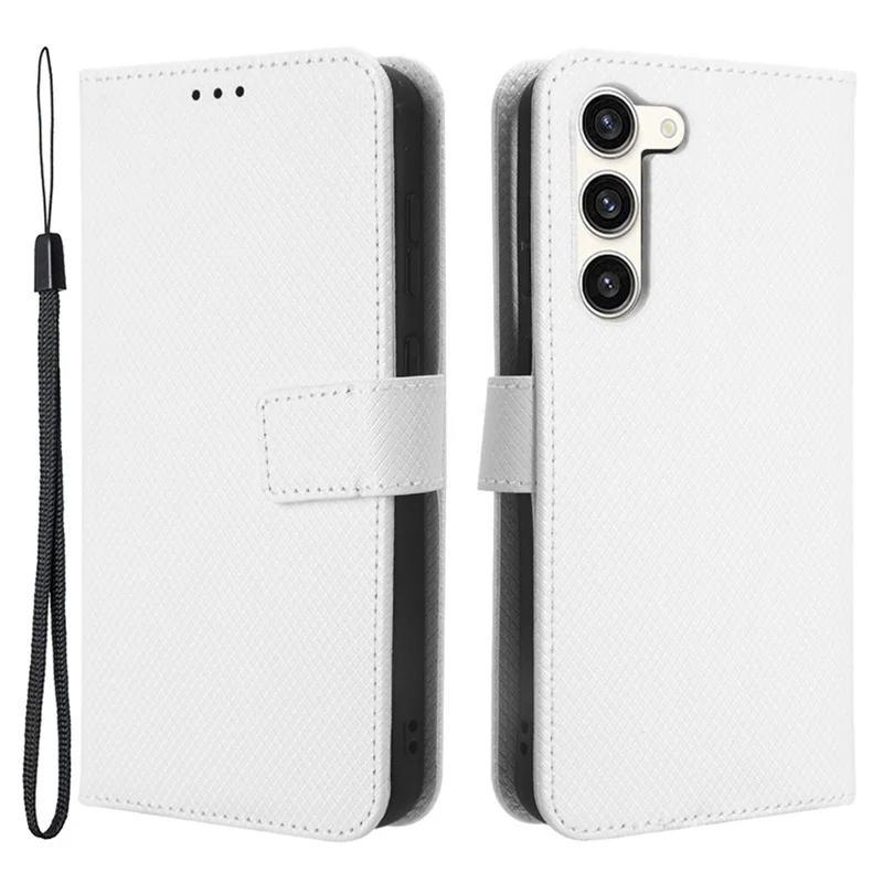 PU Leather Phone Case for Samsung Galaxy S23, Diamond Texture Wallet Stand Shockproof Phone Cover - White