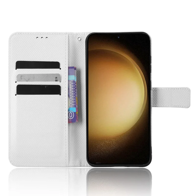 PU Leather Phone Case for Samsung Galaxy S23, Diamond Texture Wallet Stand Shockproof Phone Cover - White