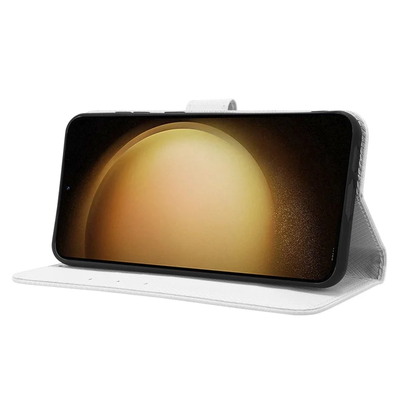 PU Leather Phone Case for Samsung Galaxy S23, Diamond Texture Wallet Stand Shockproof Phone Cover - White