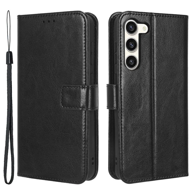 Phone Cover for Samsung Galaxy S23+ PU Leather Crazy Horse Texture Wallet Stand Phone Case with Strap - Black