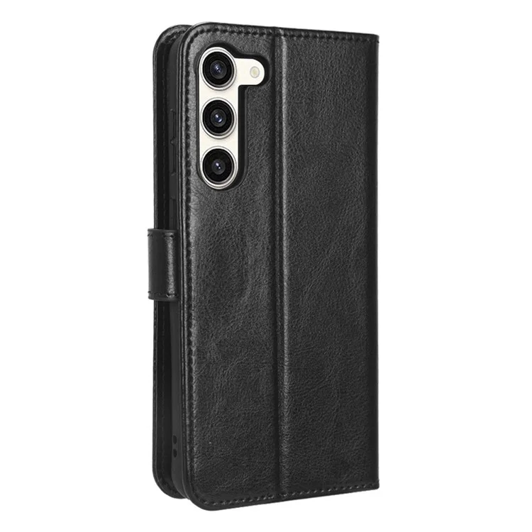 Phone Cover for Samsung Galaxy S23+ PU Leather Crazy Horse Texture Wallet Stand Phone Case with Strap - Black