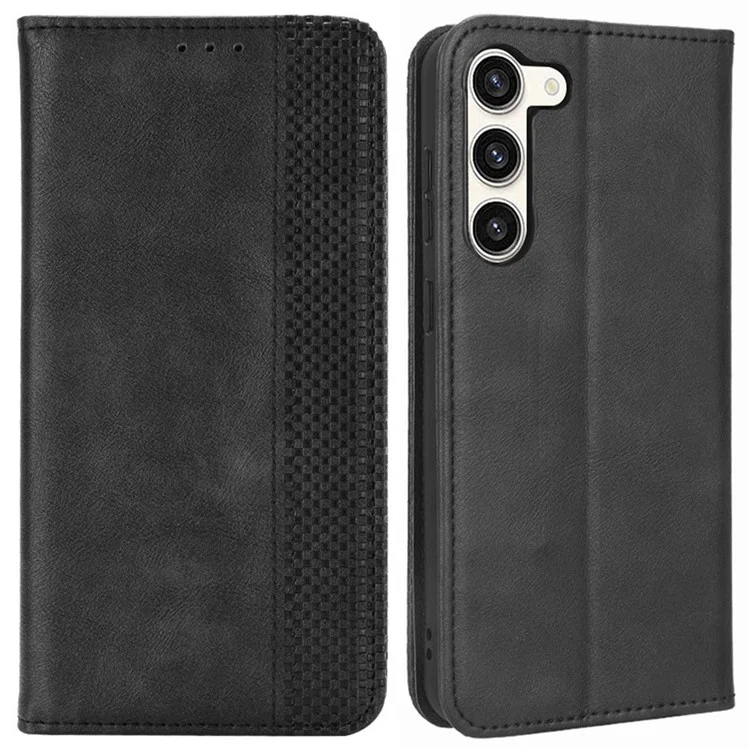 Retro Textur-Handyhülle für Samsung Galaxy S23, PU-Leder-Ständer-Brieftasche Handy-Cover - Schwarz