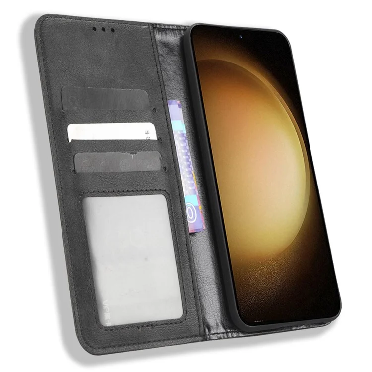 Retro Textur-Handyhülle für Samsung Galaxy S23, PU-Leder-Ständer-Brieftasche Handy-Cover - Schwarz
