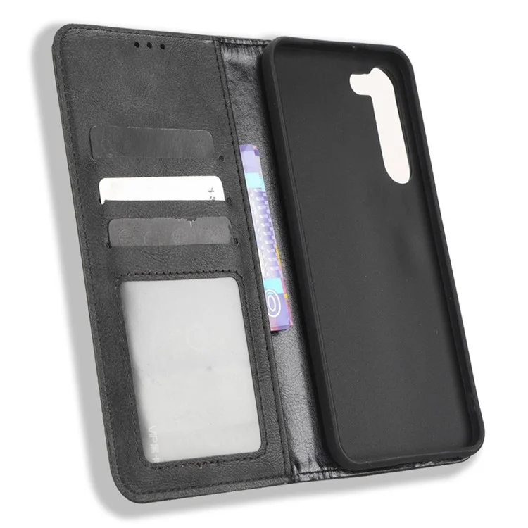 Retro Textur-Handyhülle für Samsung Galaxy S23, PU-Leder-Ständer-Brieftasche Handy-Cover - Schwarz
