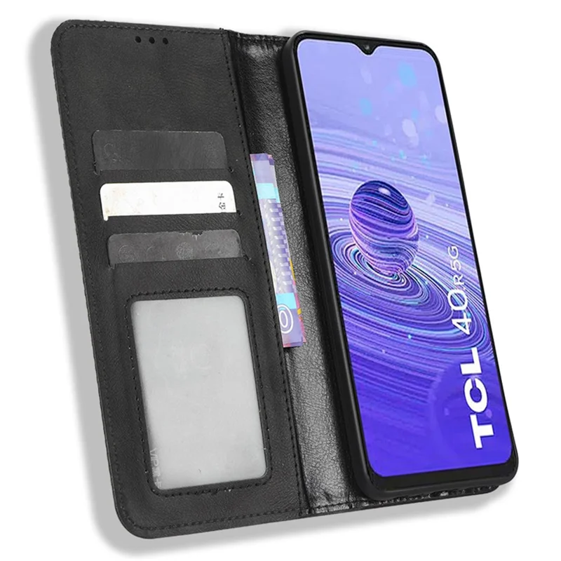 Funda de Teléfono con Textura Retro para TCL 40R 5G, Protección contra Caídas Funda Billetera de Piel PU con Soporte - Negro