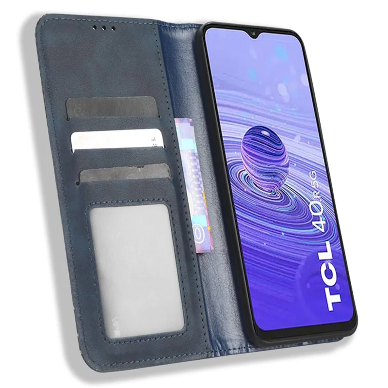 Retro Texture Phone Case for TCL 40R 5G, Fall Protection PU Leather Stand Wallet Cellphone Cover - Blue