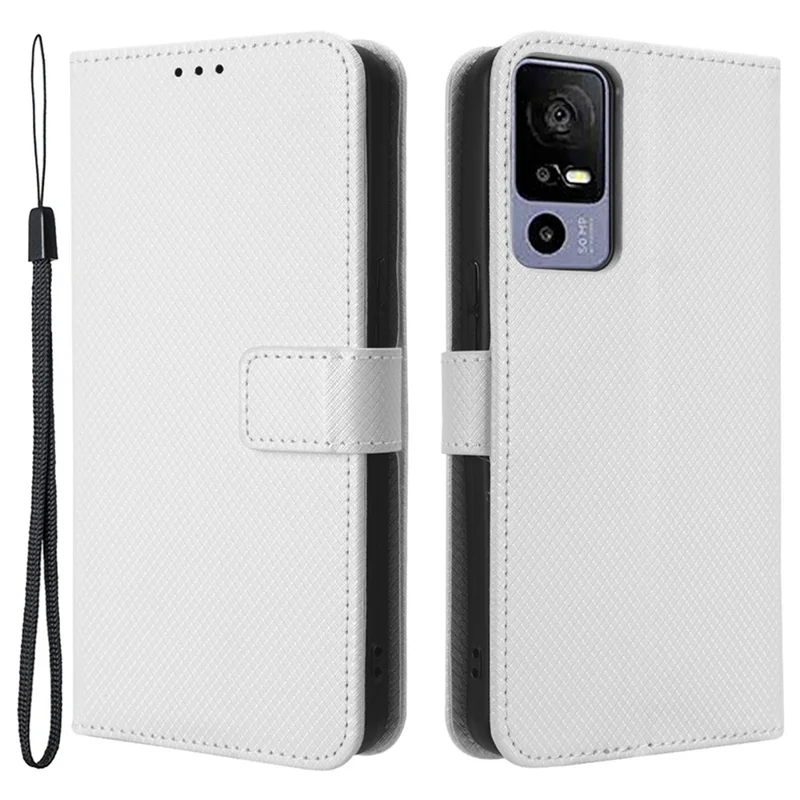Wallet Stand Phone Case for TCL 40R 5G, Diamond Texture PU Leather+TPU Phone Cover - White